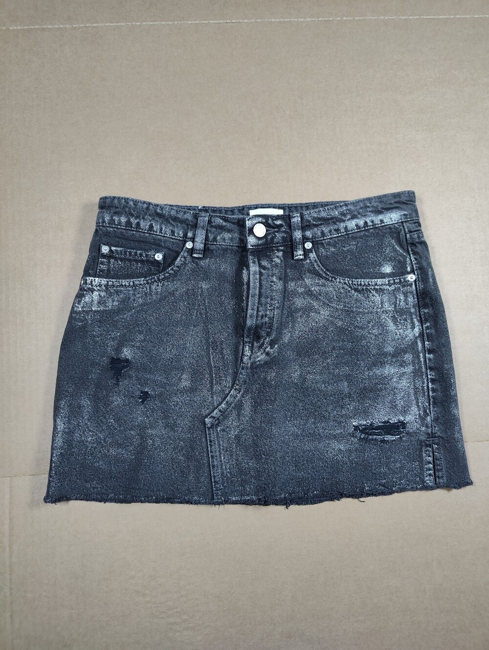 Mikuta Women Black Distressed Sparkle 100% Cotton Buttonfly Mini Skirt Size M